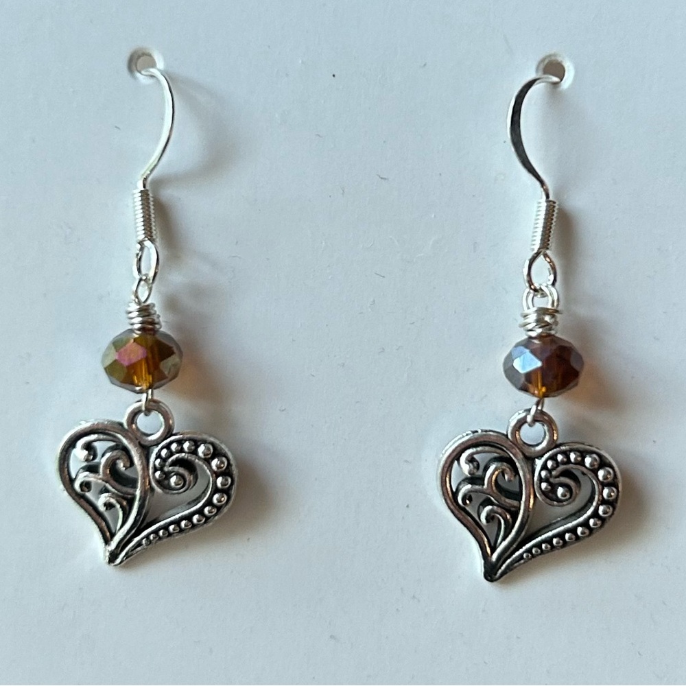 Hand Crafted Earrings - Heart and Glass Bead - .6” Drop - Hypoallergenic - New